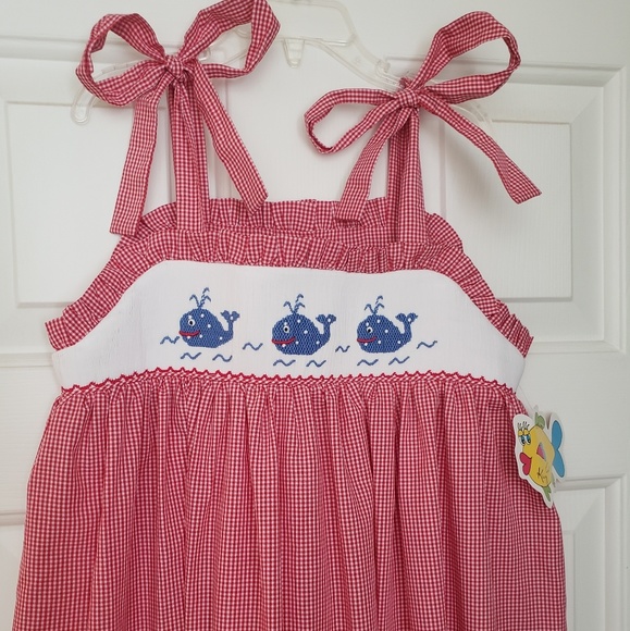 NWT Girls smocked gingham whale dress Size 8 - Picture 1 of 2
